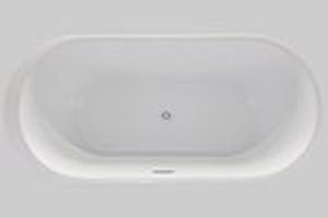 lot 228 image: Mach Piave 67 Oval Freestanding White Acrylic Bathtub with Center Drain and Interior Overflow Drain. NEW Retails for over $1000.00.