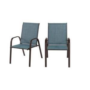 lot 322 image: Hampton Bay Mix and Match Brown Steel Sling Outdoor Patio Dining Chair in Conley Denim Blue (2-Pack) FCS00015Y-2PKBD - May Be Missing Hardware. Slight Scratching.