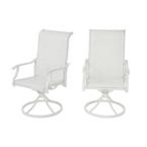 lot 328 image: Hampton Bay (2-Pack) Riverbrook Shell White Swivel Steel Padded Sling Outdoor Patio Dining Chairs