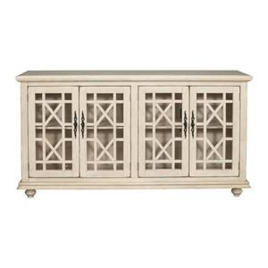 lot 344 image: Martin Svensson Home Orsey Antique White Glass TV Stand Fits TVs Up to 65 in. with Cable Management.  - MISSING HARDWARE MAYBE OTHER PARTS.