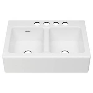 lot 500 image: American Standard Delancey Farmhouse Apron Front Cast Iron 33 in. 4-Hole Double Bowl Kitchen Sink in Brilliant White, 77DB33220A.308