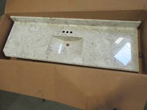 lot 355 image: Custom Vanity Top, Single Bowl, 4 Spread, Brown on White Marble, Approximately 66 12 x 22.