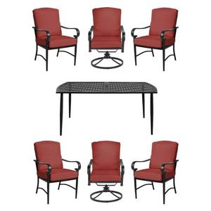 lot 521 image: Hampton Bay Oak Cliff Stationary Metal Patio Dining Chairs - Chairs Only. Includes RED Slip Covers. - MAYBE MISSING HARDWARE and Other Parts.