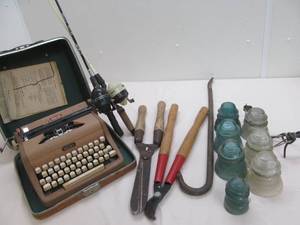 vintage royal speed king typewriter, vintage glass telephone insulators, tools
