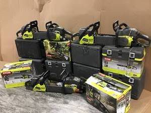 PALLET WITH ASSORTED RYOBI CHAINSAWS CUSTOMER RETURNS SEE PICS