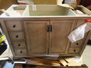 HOME DECOR COLLECTION Hazelton 49 in. W x 22 in. D Bath Vanity Only no Top in Antique Grey costumer returns whit small damage on the legs stock photo used for display models