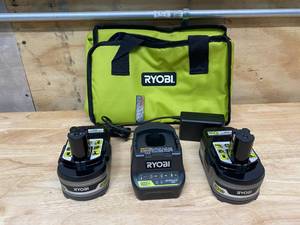 lot 28 image: RYOBI 18-Volt ONE LITHIUM HP 3.0 Ah Battery (2-Pack) Starter Kit with Charger and Bag
