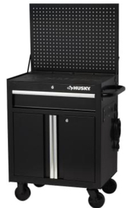 lot 42 image: HUSKY 27 in. W 1-Drawer 2-Door Tool Chest Rolling Cabinet in Gloss Black with Flip-up Pegboard