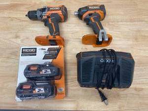 lot 71 image: RIGID 18-Volt Lithium-Ion DrillDriver and Impact Driver with Charger and 2 batteries