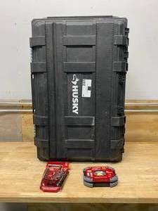 lot 79 image: HUSKY Lot of 3 items.  25 Gallon Mobile Tool Box (has a crack- see photos), 30 Piece 6-Point Pass Through Set and a 1000 Lumen LED Utility Light