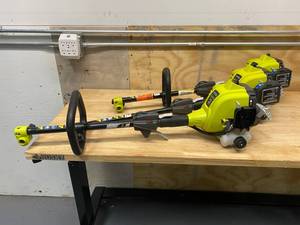 lot 96 image: RYOBI Lot of Three-  25cc 2-Cycle Attachment Capable Full Crank Curved Shaft Gas String Trimmer (does not include shafts