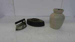 lot 71 image: Antique Irons & Glazed Vase