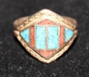 Navaho Intricate Inlaid Turquoise & Coral Ring