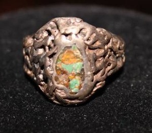 Antique Hand Cast Ring wTurquoise & Coral Pieces
