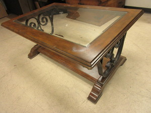 lot 703 image: COFFEE TABLE, WITH DECORATIVE METAL BASE AND GLASS TOP