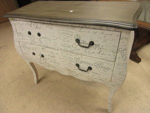lot 704 image: ACCENT DRESSERCHEST, WITH FRENCH SCRIPT, FABRIC COVERED