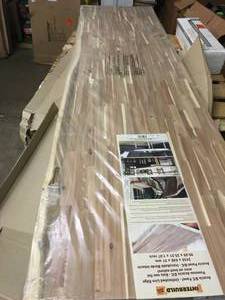 INTERBUILD 8 ft. L x 2 ft. 1.5 in. W x 2 in. T Butcher Block Countertop Unfinished Acacia with Live Edge CUSTOMER RETURN SEE PICS