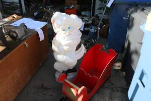 lot 115 image: Vintage Plastic Santa lawn decoration with wooden sleigh