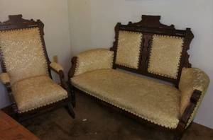 lot 23 image: Antique carved wood loveseat and chair