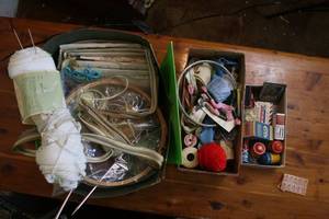 lot 30 image: Large lot of sewing, crochet, and embroidery supplies, plus vintage fabric