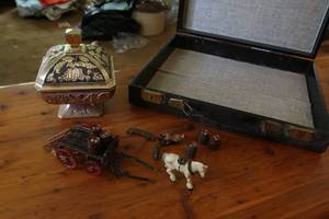 lot 36 image: Antique cast iron horse and wagon AS IS, vintage briefcase, glass canister