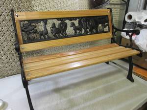 lot 16 image: Cast Iron and Wood Kids Size Bench ...