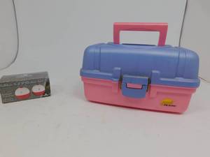 lot 138 image: Plano PinkPurple Tackle Box  Rivers Edge Ceramic Bobber SaltPepper Shakers
