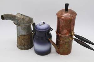 Copper tea kettle, porcelain &amp steel jar, and vintage oil can