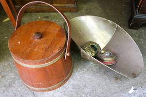 Antique wooden milk bucket with lid  and coal basket