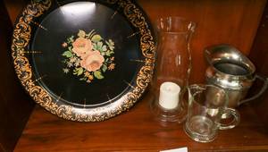 Lot Pitchers, Candle Holders, Vintage metal serving tray