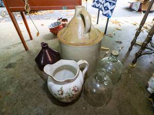 Collection of  Decorative Galvenized Clay, Porceliane, and  Glass Jugs
