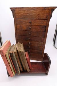 Antique 1800s Hand Carved cherry Mechanical chest  Organizer used for industrial purposes  and Antique books With Book Holder Set of 2