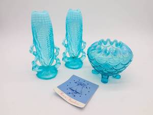 Very Rare Fenton Hand Crafted Patriots planter Blue Glass
