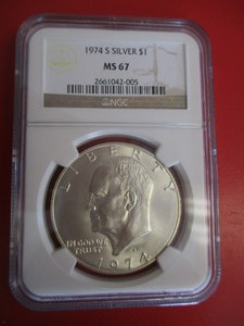 NGC Certified 1974-S (San Francisco Mint) Mint State 67 Silver Eisenhower Dollar  NGC Certification Number 2661042-005