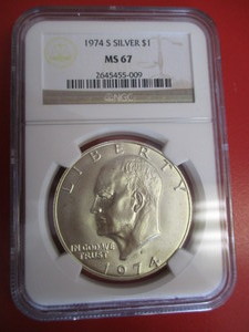 NGC Certified 1974-S (San Francisco Mint) Mint State 67 Silver Eisenhower Dollar  NGC Certification Number 2645455-009