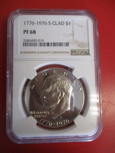 NGC Certified 1776-1976 Eisenhower Dollar in Proof 68 Condition. Distinctive Moon and Bell Bicentennial Reverse Markings. NGC Certification Number 2686490-019