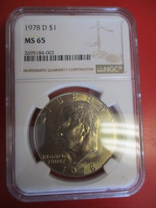 NGC Certified 1978-D (Denver Mint) Eisenhower Dollar in Mint State 65 condition. Since these were single strikes, a MS 65 is a higher than average grade. NGC certification number 2695184-002