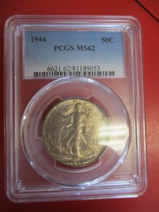 PCGS Certified 1944 Walking Liberty Half Dollar in Mint State 62 Condition. PCGC Certification Number is 6621.6281189053