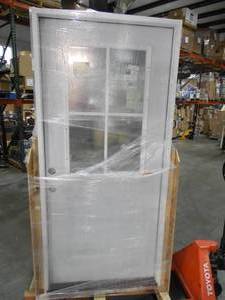 lot 31 image: Steves & Sons 36 in. x 80 in. Premium 4 Lite Plank Panel Primed White Steel Prehung Front Door
