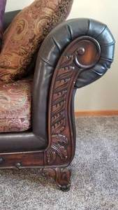 lot 3 image: Elaborate Carved Frame Leather Couch Sofa by Hughes Furniture