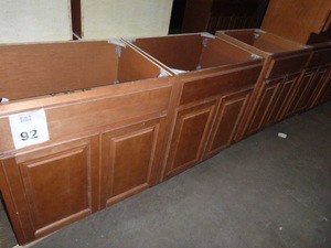 lot 92 image: 3 Medium Red Birch Base Cabinets