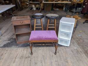 lot 226 image: (2) Bar Stools, Small Shelf, Ottoman and 3 Drawer Storage Shelf