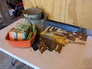 lot 165 image: Lot of Hand Tools, Galvanized Buckets, and Scotch-Brite Sponges