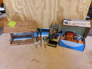 lot 170 image: NEW Cedar Birdfeeder, Plaster Owl Statue, Playing Cards, and More