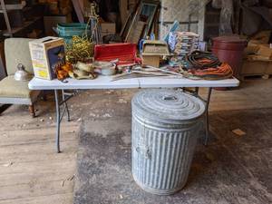 lot 133 image: Large Lot of Tools, Extension Cords, Ratchet Straps, Chimney Sweeper, Heavy Duty Galvanized Garbage Can and More