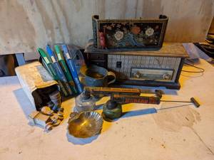 lot 135 image: Vintage Radio, Asian Dcor, Tin of Wood Knobs, Intellivision Game Cartridges, and More