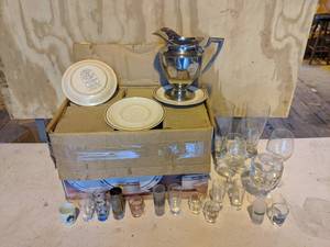 lot 146 image: Lot of Stoneware Dishes with Glasses