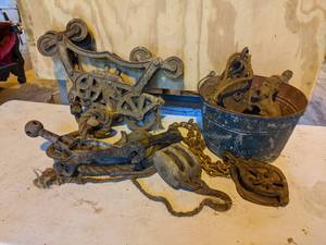 lot 148 image: ADVANCE Cast Iron Hay Trolley, Pulleys, and More