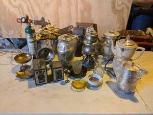 lot 54 image: Collection of Vintage Coffee Pots, Cameras, Brass Home Dcor, and More