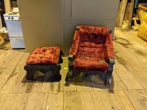 lot 56 image: Chair & Ottoman - Ornate Carved Accents, Solid Wood